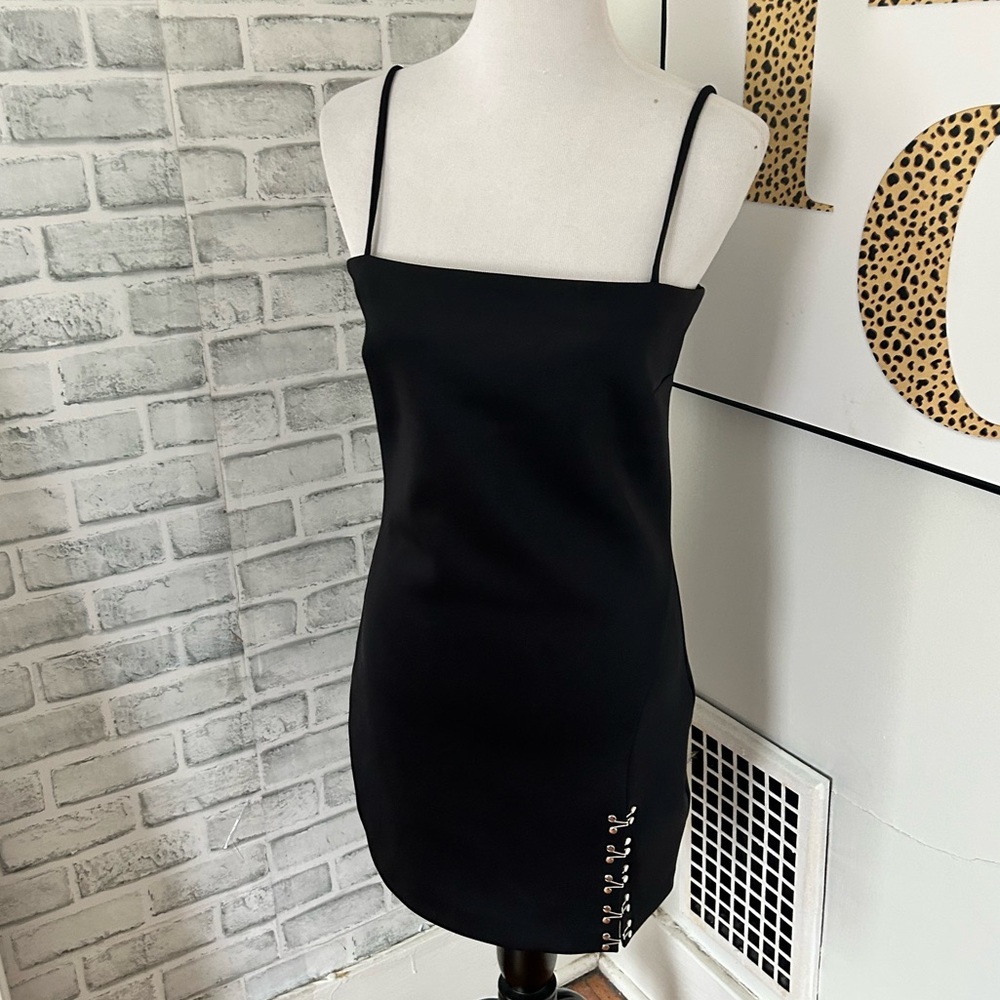 Amanda Uprichard black spaghetti strap dress with leg clasps size large
